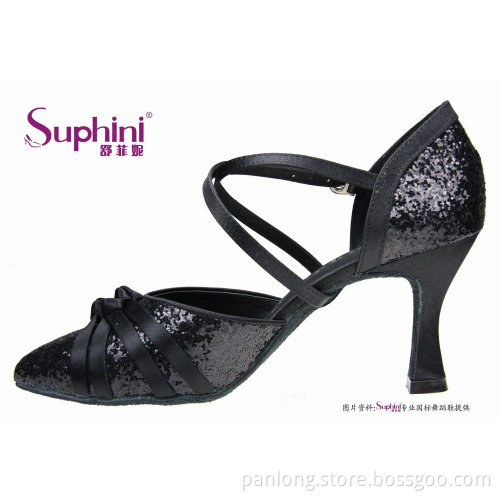 Suphini Glitter Black High Heels Women Ballroom Shoes Dance